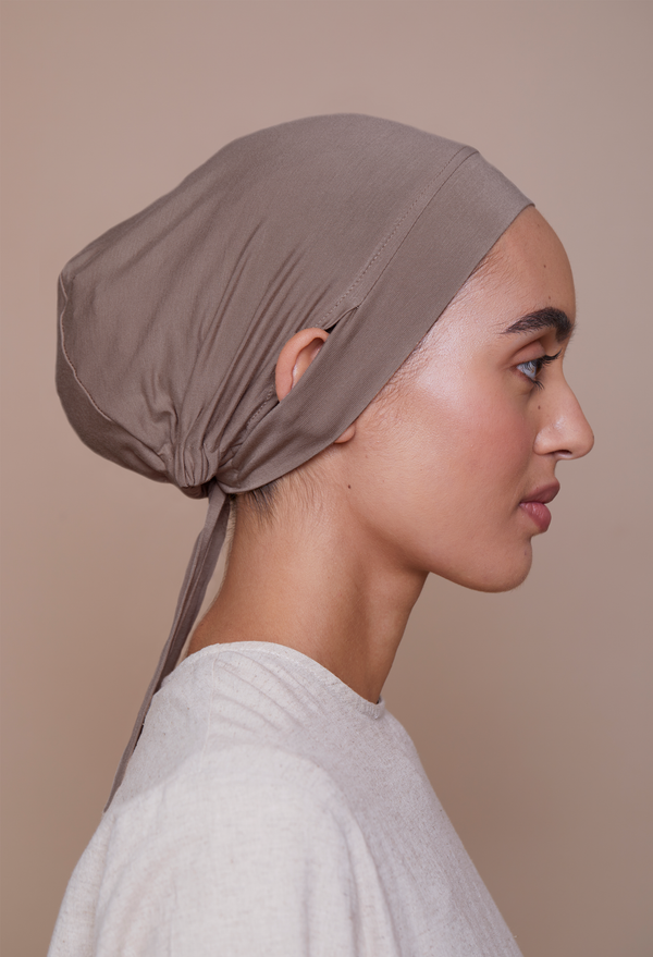Ear-Slit Tie-Back Underscarf (Bamboo) Earth Taupe