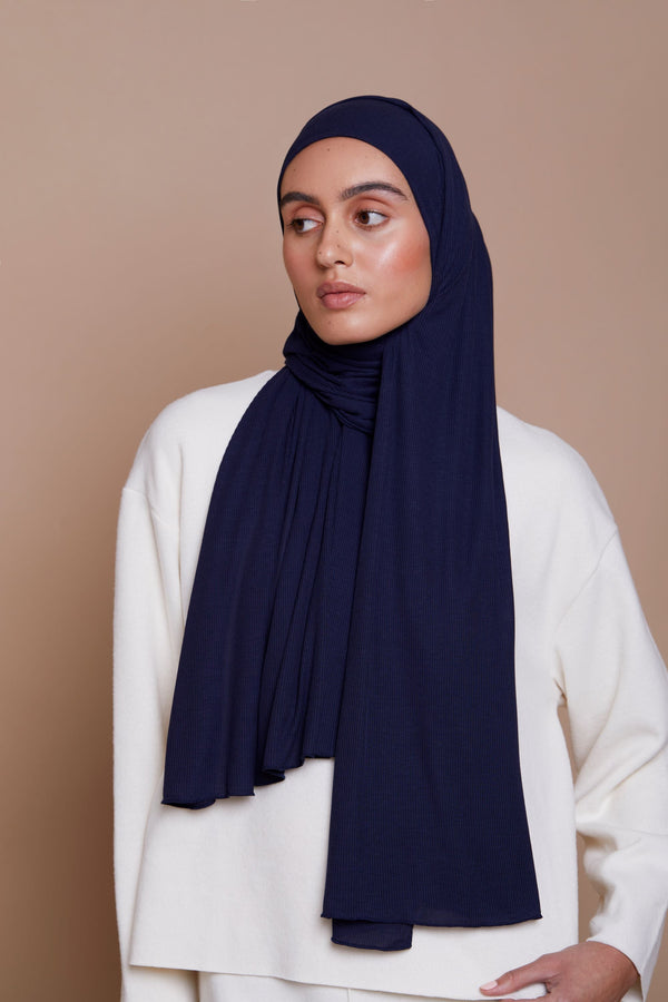 Bamboo Ribbed Jersey Hijab - Navy Blue